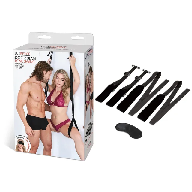 Lux Fetish Door Slam Sling white retail box beside black strap set