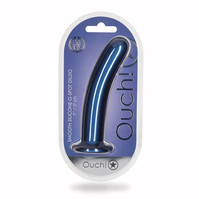 Shots Ouch metallic blue 7 inch smooth silicone dildo front clamshell retail package