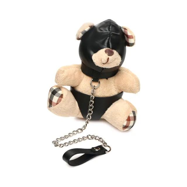tan hooded teddy bear keychain with silver chain and black wrist loop