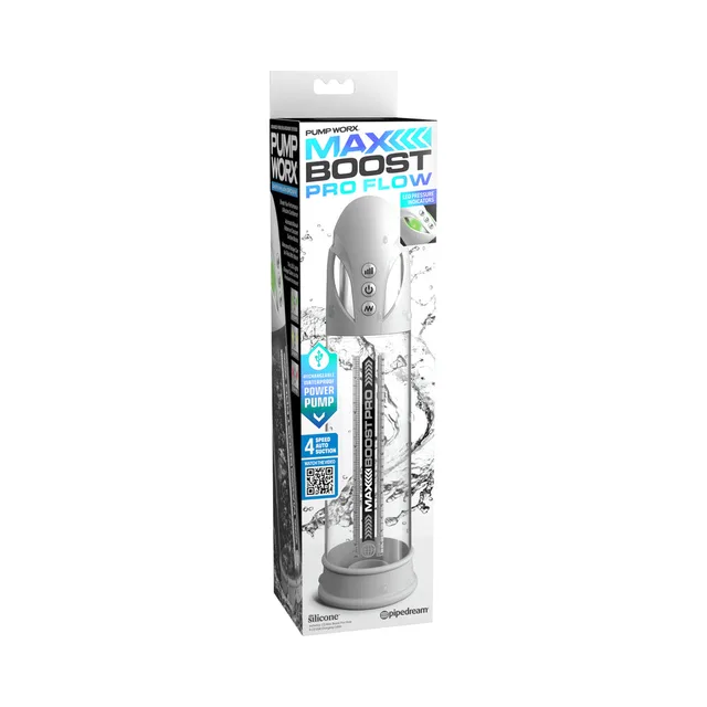 clear Pump Worx Max Boost Pro Flow cylinder with white base inside a tall white retail box