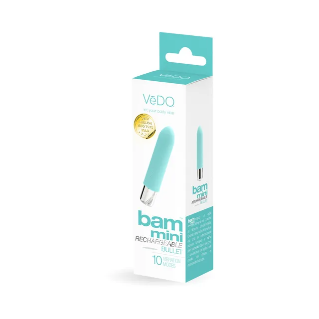 Turquoise VeDO Bam Mini bullet vibrator with angled retail carton