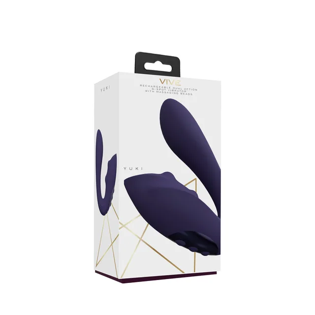 purple VIVE YUKI curved vibrator and bead ring pictured on white box