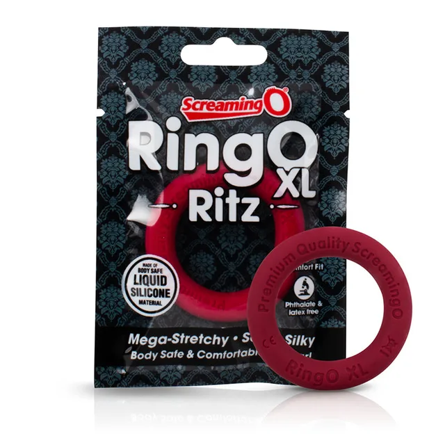 Red Screaming O RingO Ritz XL silicone ring beside retail package