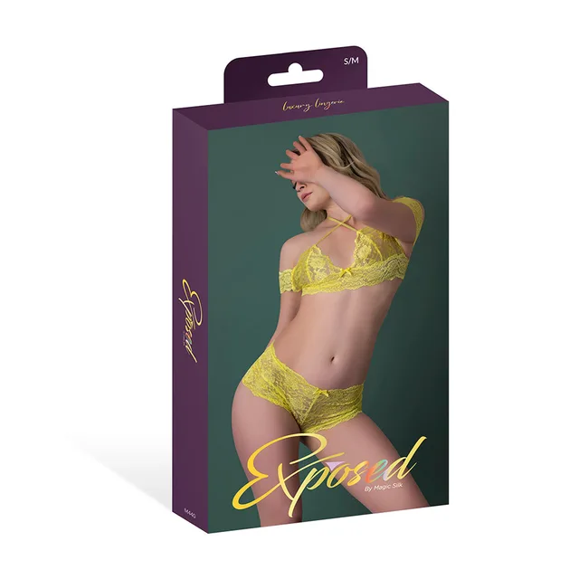 Magic Silk Daffodil Dreams yellow Bardot top and boyshort set size S/M displayed in purple retail packaging