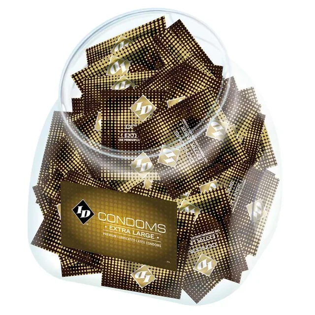 ID Extra Large Condom Jar clear round jar filled with gold foil wrappers