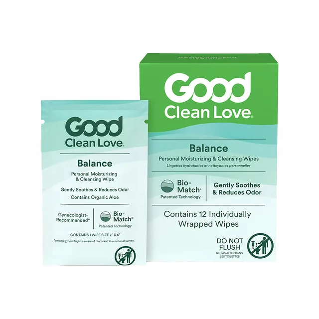 Good Clean Love Balance 12-wipe green and aqua box with one individual packet