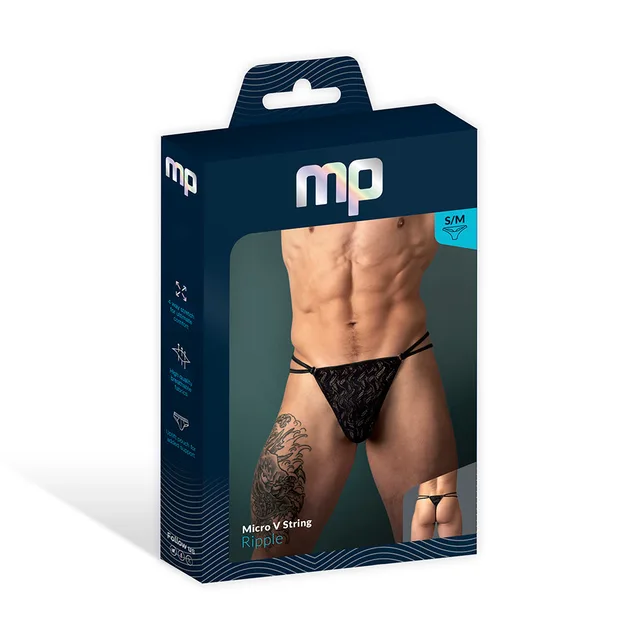 Male Power Ripple Micro V-String in black size S/M displayed in a navy window retail box