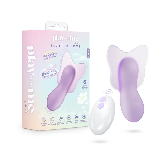 Purple Flutter Love vibrator, white controller and retail box