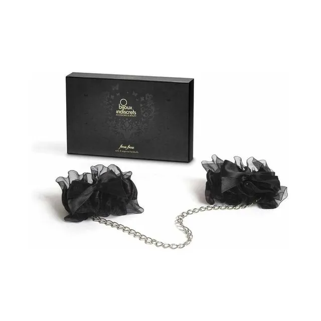 pair of black ruffled Frou Frou satin organza cuffs joined by a silver-tone chain