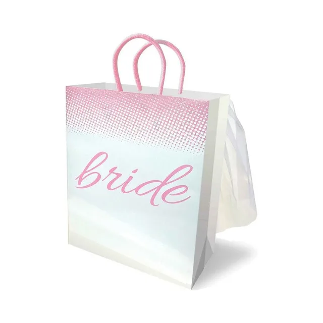 white Bride paper gift bag with pink handles iridescent stripes and sheer veil
