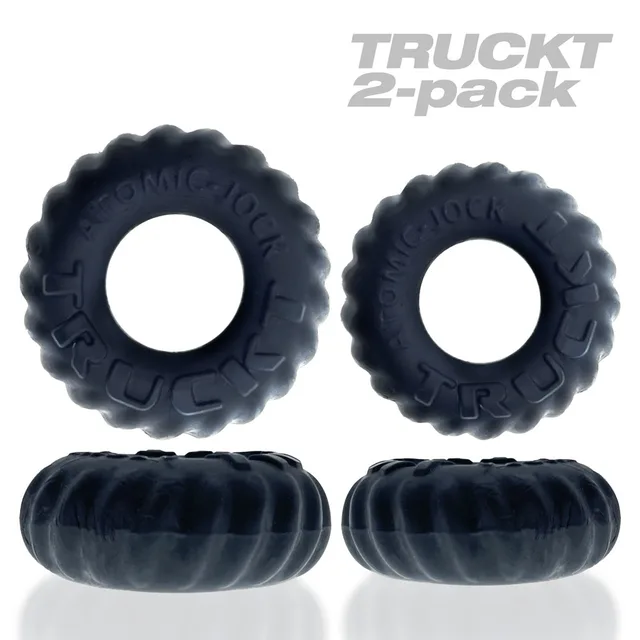 Front and side views of two ridged black Truckt rings