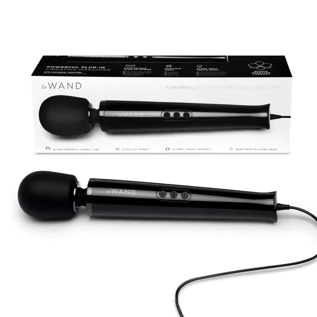 black Le Wand plug-in massager with cord and white retail box