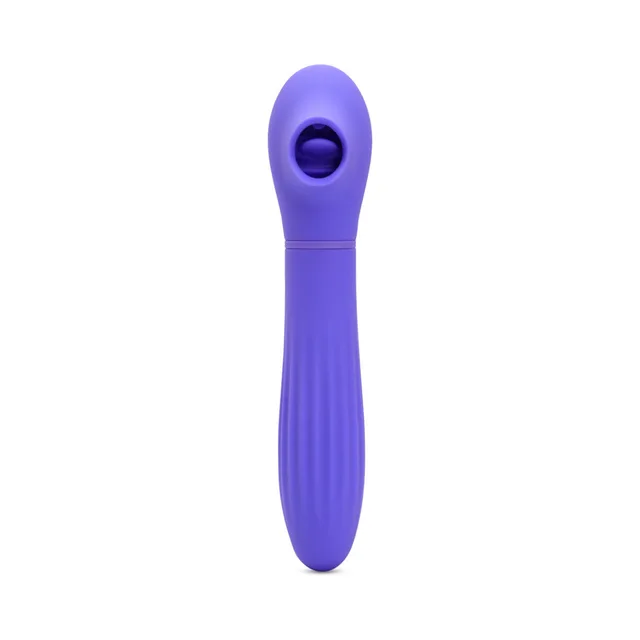 front view of violet Daisy with oval upper opening and long ribbed handle