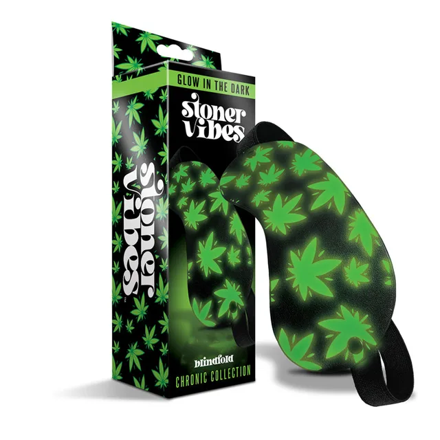 Stoner Vibes green cannabis blindfold pictured beside retail box
