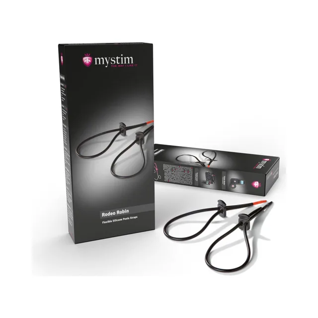 Mystim Rodeo Robin black strap set two loop straps with cable leads beside black box
