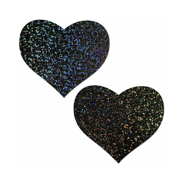 Pastease pair of black heart vinyl pasties with fine multicolor glitter