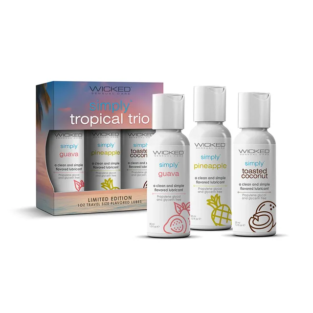 Wicked Simply Aqua Tropical Trio lubricant set three 1 oz bottles and tropical retail carton