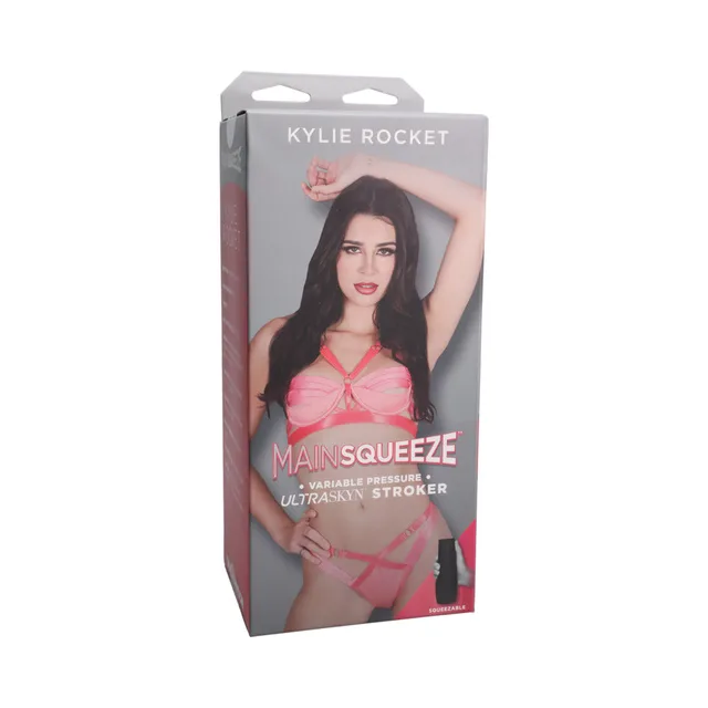 Kylie Rocket Main Squeeze ULTRASKYN stroker in gray and coral hanging box