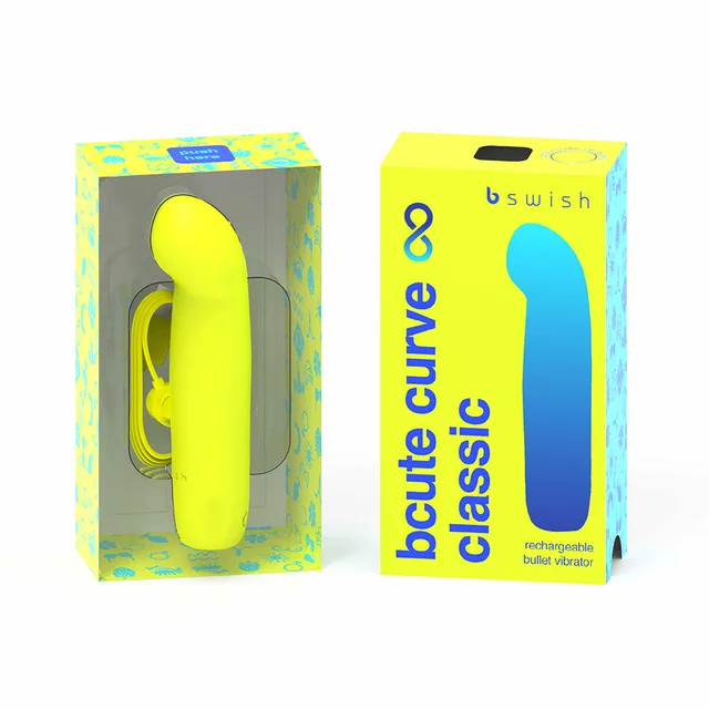 yellow B Swish Bcute Classic Curve vibrator with front and rear boxes