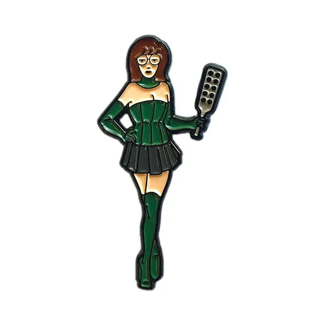 Mistress D enamel pin with glasses, green corset and black paddle