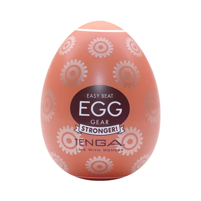 coral Tenga EGG Gear case decorated with white cogwheel graphics