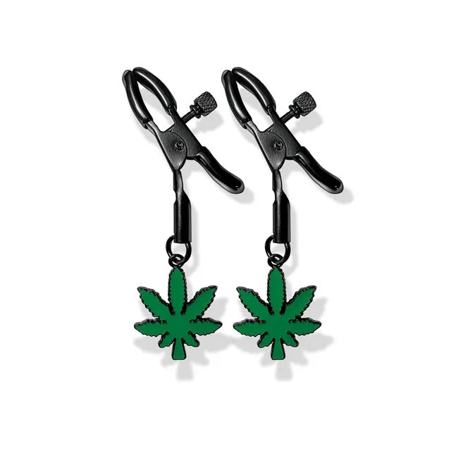 pair of adjustable black metal clamps with green cannabis charms
