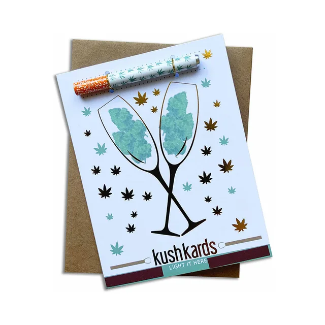 white Congrats Champagne KushKard with metal one-hitter and kraft envelope