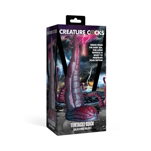 Creature Cocks Tentacle Cock lavender-blue dildo with raised suction-cup textures beside retail box