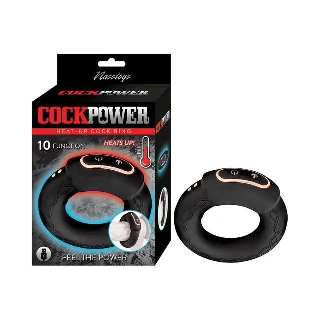 black oval Cockpower Heat-Up ring with two copper-tone top contacts beside retail box