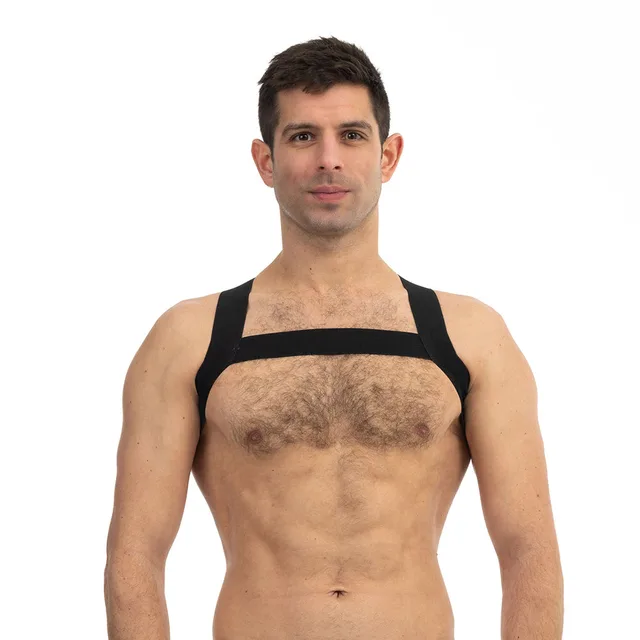 Front view of Prowler RED S/M black sports harness with chest band
