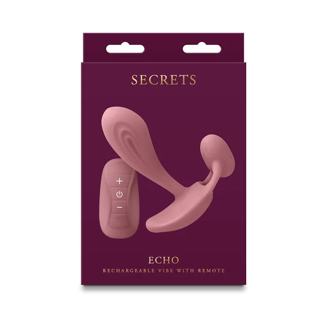 Secrets Echo dusty rose dual-arm vibrator and remote pictured on box