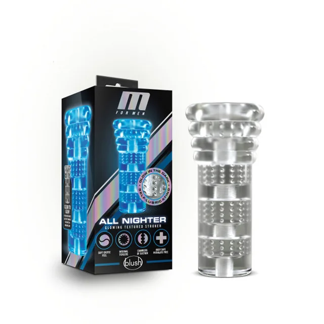 M for Men All Nighter clear stroker beside retail package