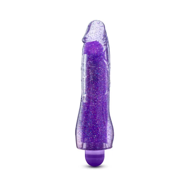 Blush Glow Dicks Molly glitter-purple vibrator upright front view with transparent glitter shaft