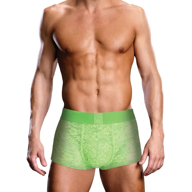 Front view of neon-green Prowler lace trunk size XL