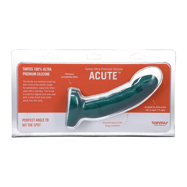 Tantus Acute emerald curved silicone dildo front retail package