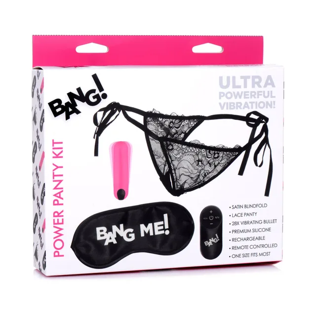 BANG Power Panty box with black lace panties pink bullet remote and blindfold