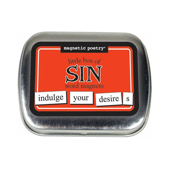 silver Little Box of Sin word magnet tin with red and black front label