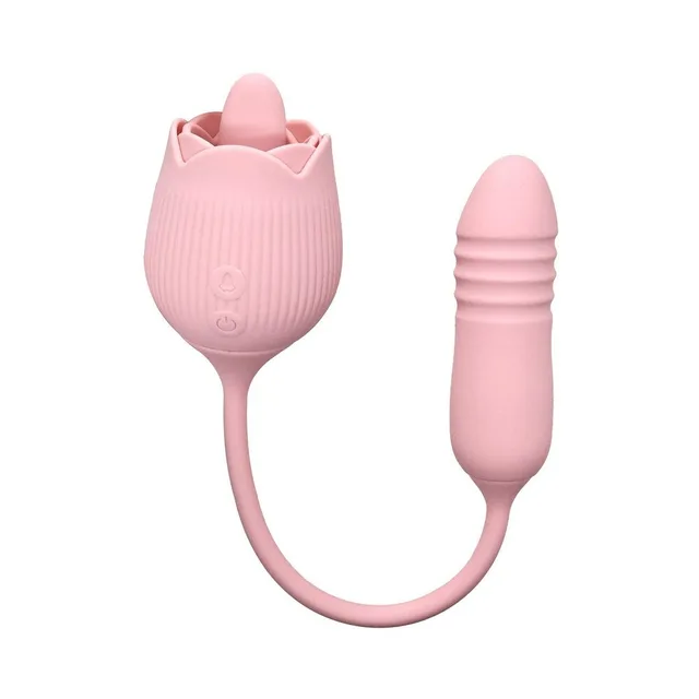 Pink corded dual vibrator with rose housing and separate ribbed bullet