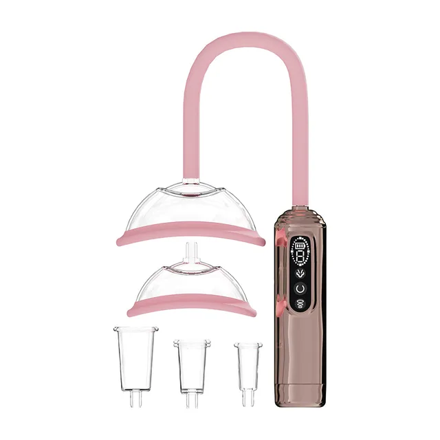 PUMPED rose-gold rechargeable pump with pink tube clear cups and three adapters