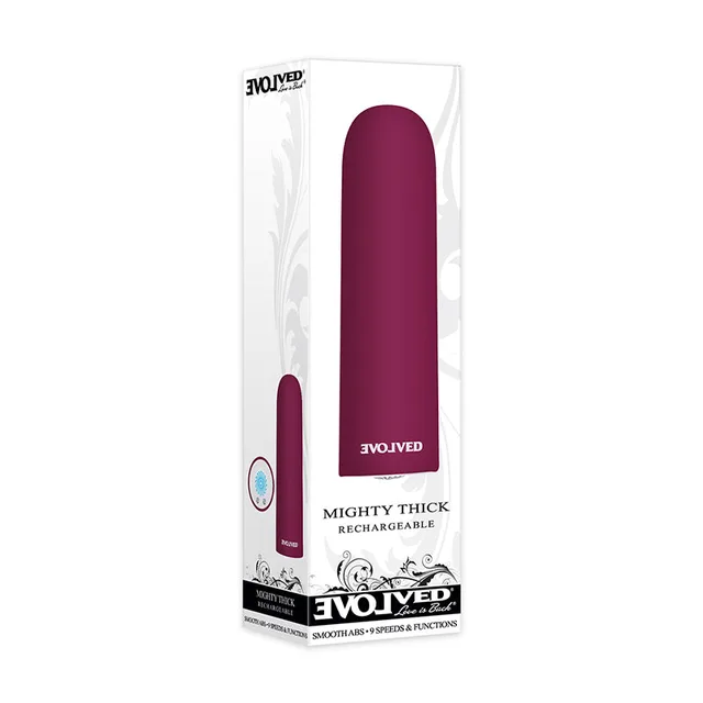 Burgundy Evolved Mighty Thick bullet vibrator in white retail box