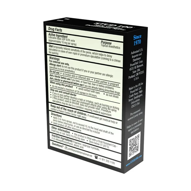 Rear of Stud 100 display box with printed information panels