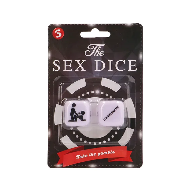 Two white Take the Gamble dice in black-and-red hanging package