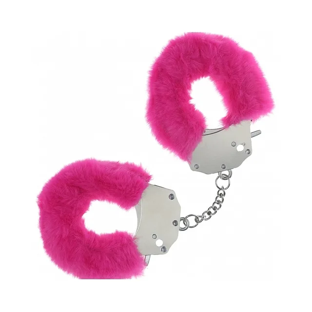 Shots Ouch hot-pink fluffy iron handcuffs with a short silver chain