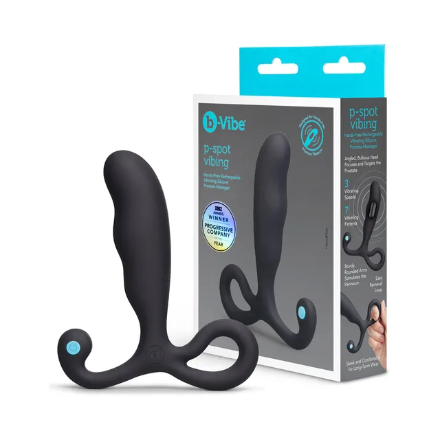 Black b-Vibe P-Spot Vibing massager beside retail box