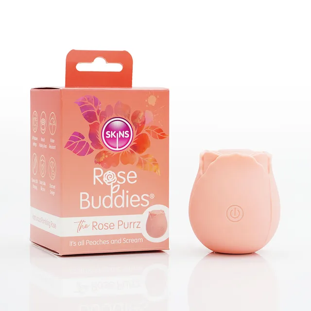 peach Rose Purrz rose-shaped vibrator beside coral Skins Rose Buddies box