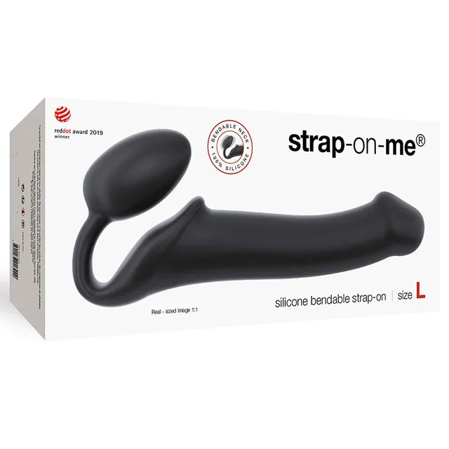 Black large Strap-On-Me bendable silicone strap-on on white package