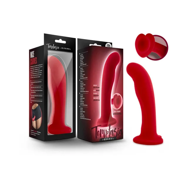 Crimson Temptasia Jezebel curved dildo with black retail box and heart-base inset