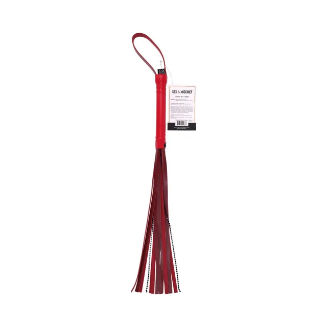 Full-length red crystal flogger with long tails and wrist loop