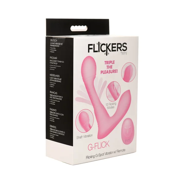 Flickers G-Flick light-pink vibrator and remote pictured on white carton