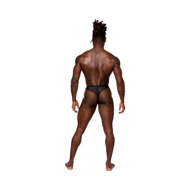 Rear view of black lace thong with slim waistband straps